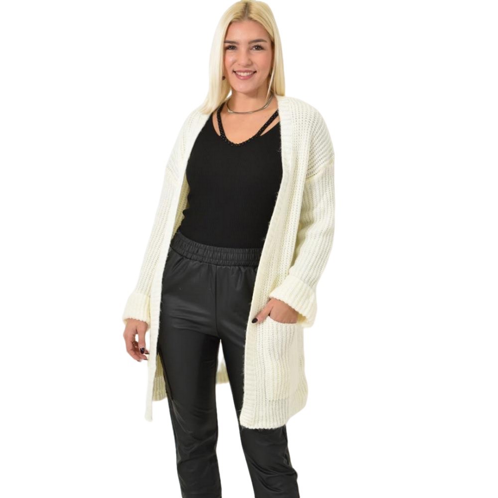 Γυναικεία ζακέτα πλεκτή με τσέπες Εκρού 23048