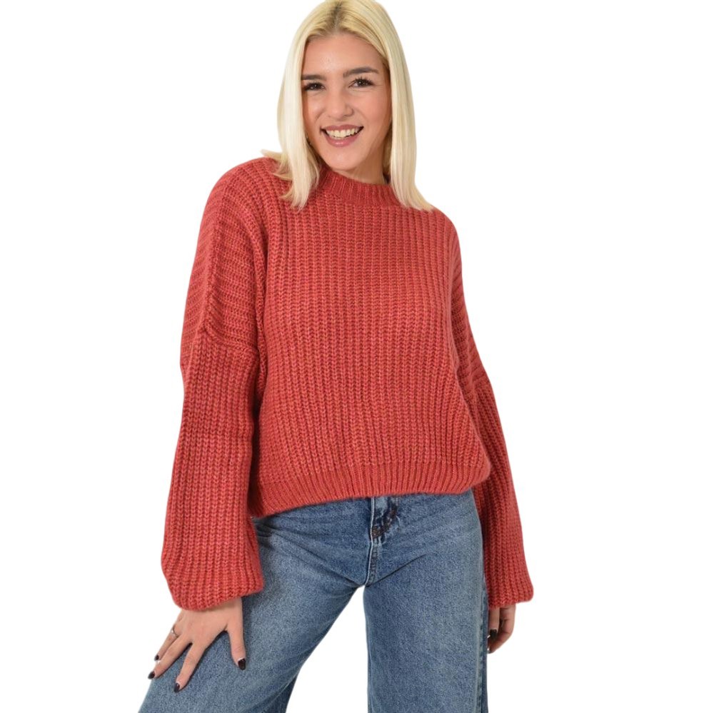 Πλεκτό Crop Πουλόβερ με Φουσκωτά Μανίκια Σάπιο μήλο 23051