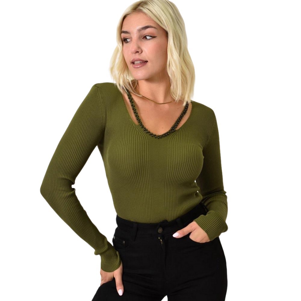 Τοπ με άνοιγμα στο μπούστο και πέρλες Λαδί 25750