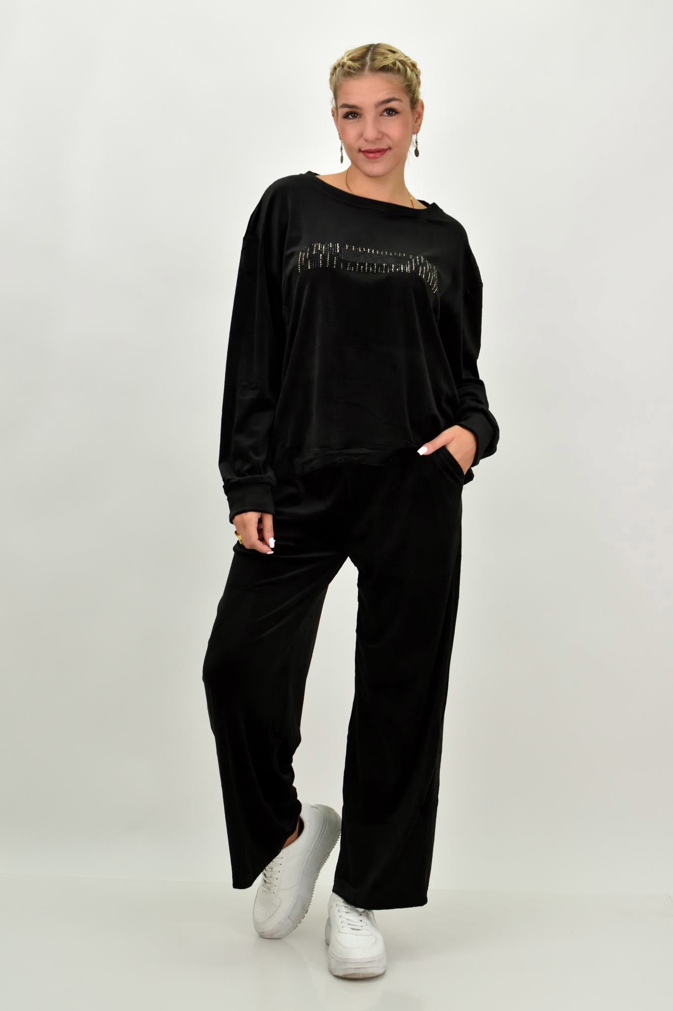 Γυναικείο σετ βελουτέ oversized με τύπωμα Μαύρο 22048