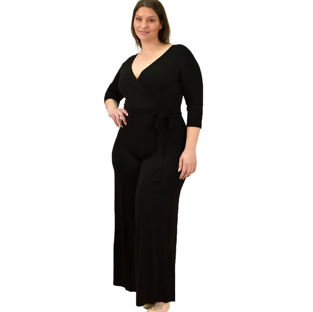 Γυναικεία ολόσωμη φόρμα με τελείωμα καμπάνα μεγάλα μεγέθη Μαύρο 14237