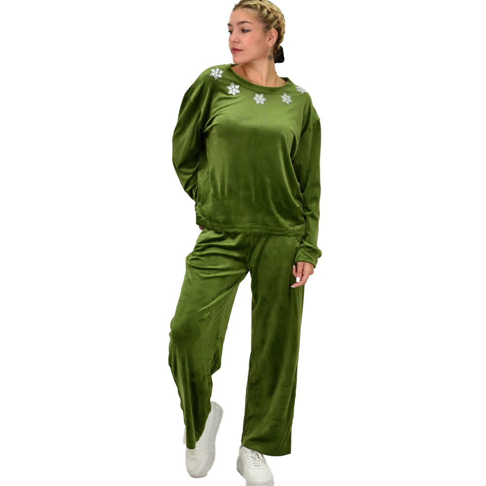 Γυναικείο σετ βελουτέ oversized με στρας Λαδί 22045