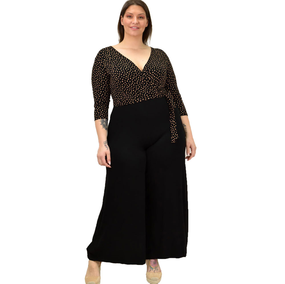 Γυναικεία ολόσωμη φόρμα πουά με τελείωμα καμπάνα μεγάλα μεγέθη Μαύρο 14240