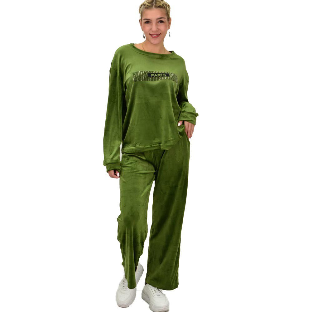 Γυναικείο σετ βελουτέ oversized με τύπωμα Λαδί 22051