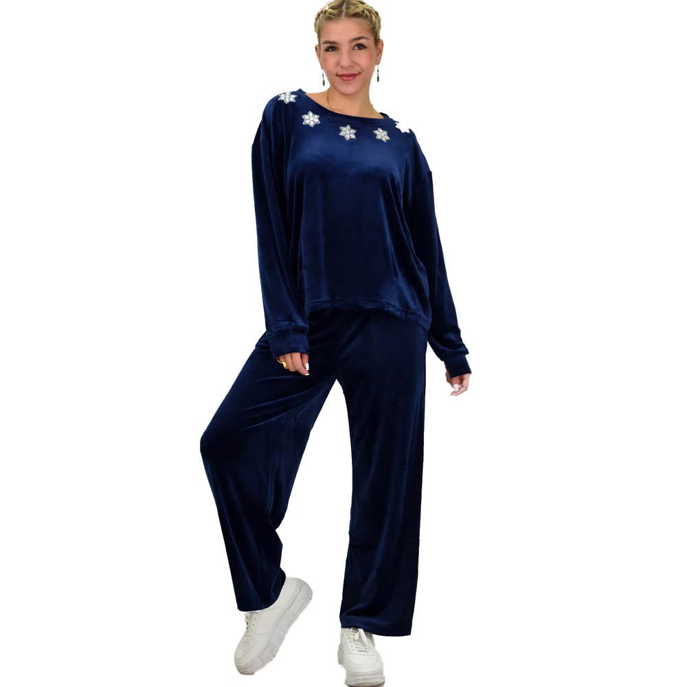 Γυναικείο σετ βελουτέ oversized με στρας Μπλε Σκούρο 22040