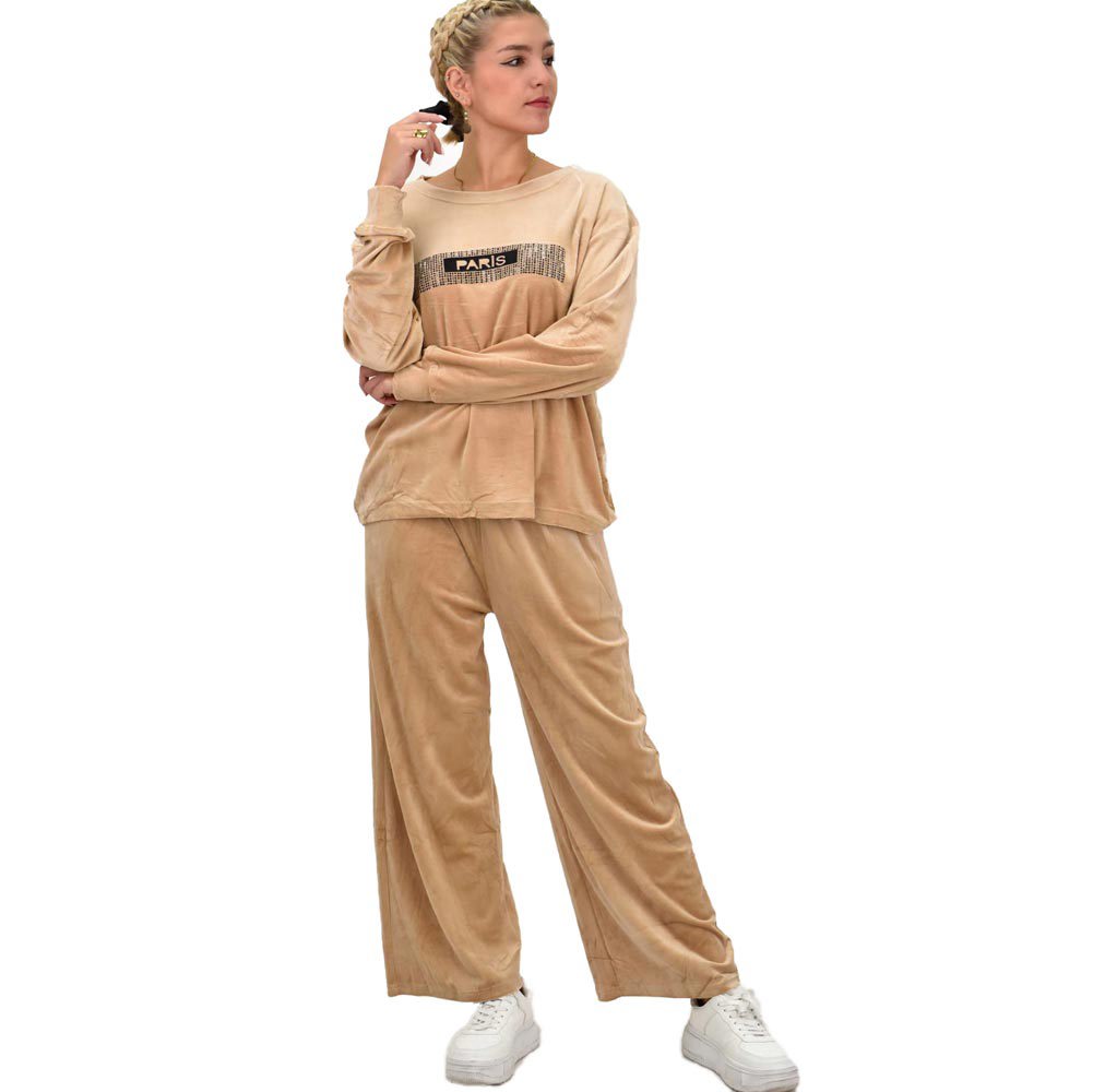 Γυναικείο σετ βελουτέ oversized με τύπωμα Μπεζ 22049