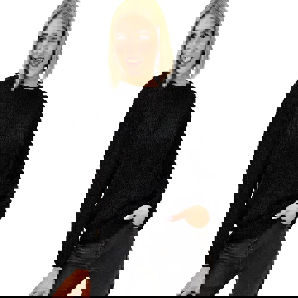 Γυναικεία μπλούζα σενίλ με στρογγυλή λαιμόκομψη Μαύρο 18597