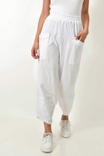  - Γυναικείο ψηλόμεσο σαλβάρι βαμβακερό με τσέπες λευκό