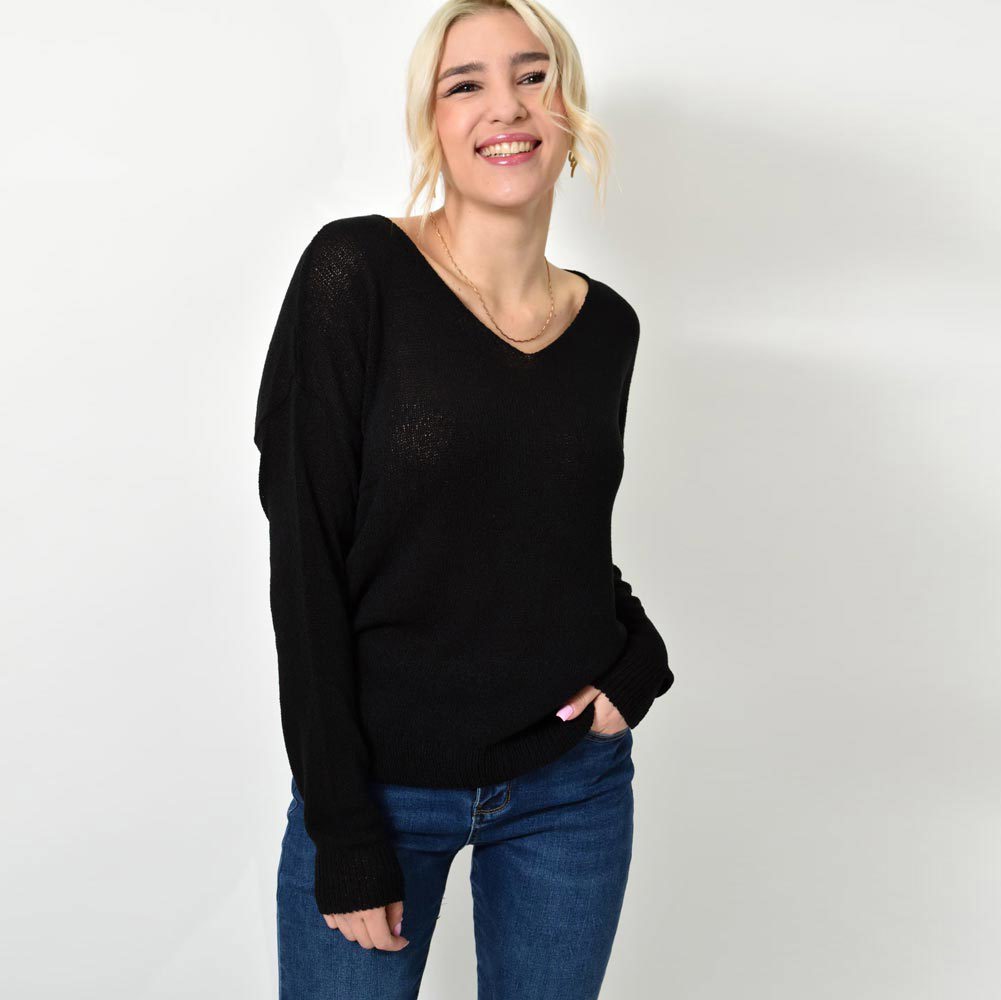 Πλεκτή μακρυμάνικη oversized μπλούζα Μαύρο 23287