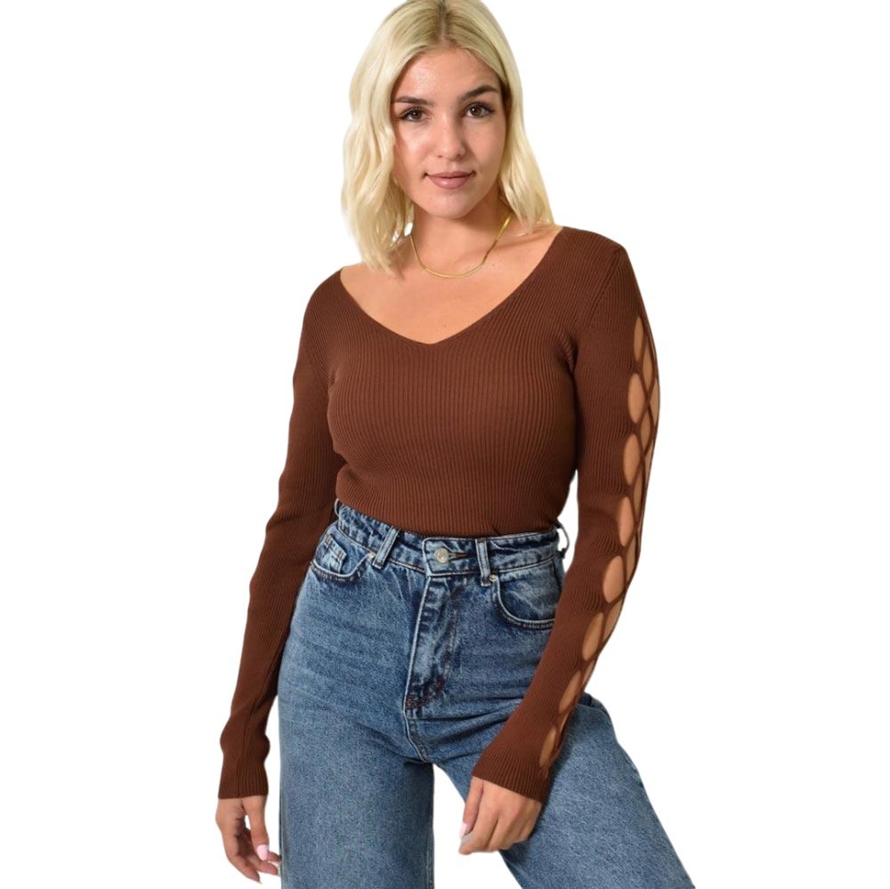 Γυναικείο πλεκτό τοπ με ανοίγματα στο μανίκι Καφέ 25791