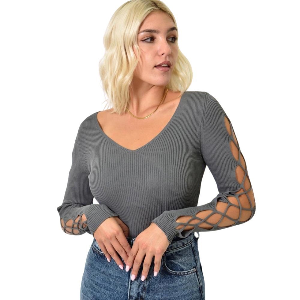 Γυναικείο πλεκτό τοπ με ανοίγματα στο μανίκι Γκρι 25792