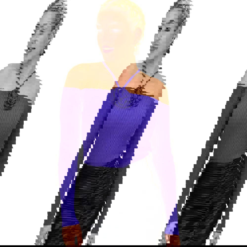 Γυναικείο πλεκτό τοπ με σχέδιο λουλούδι και χιαστί Μωβ 22129