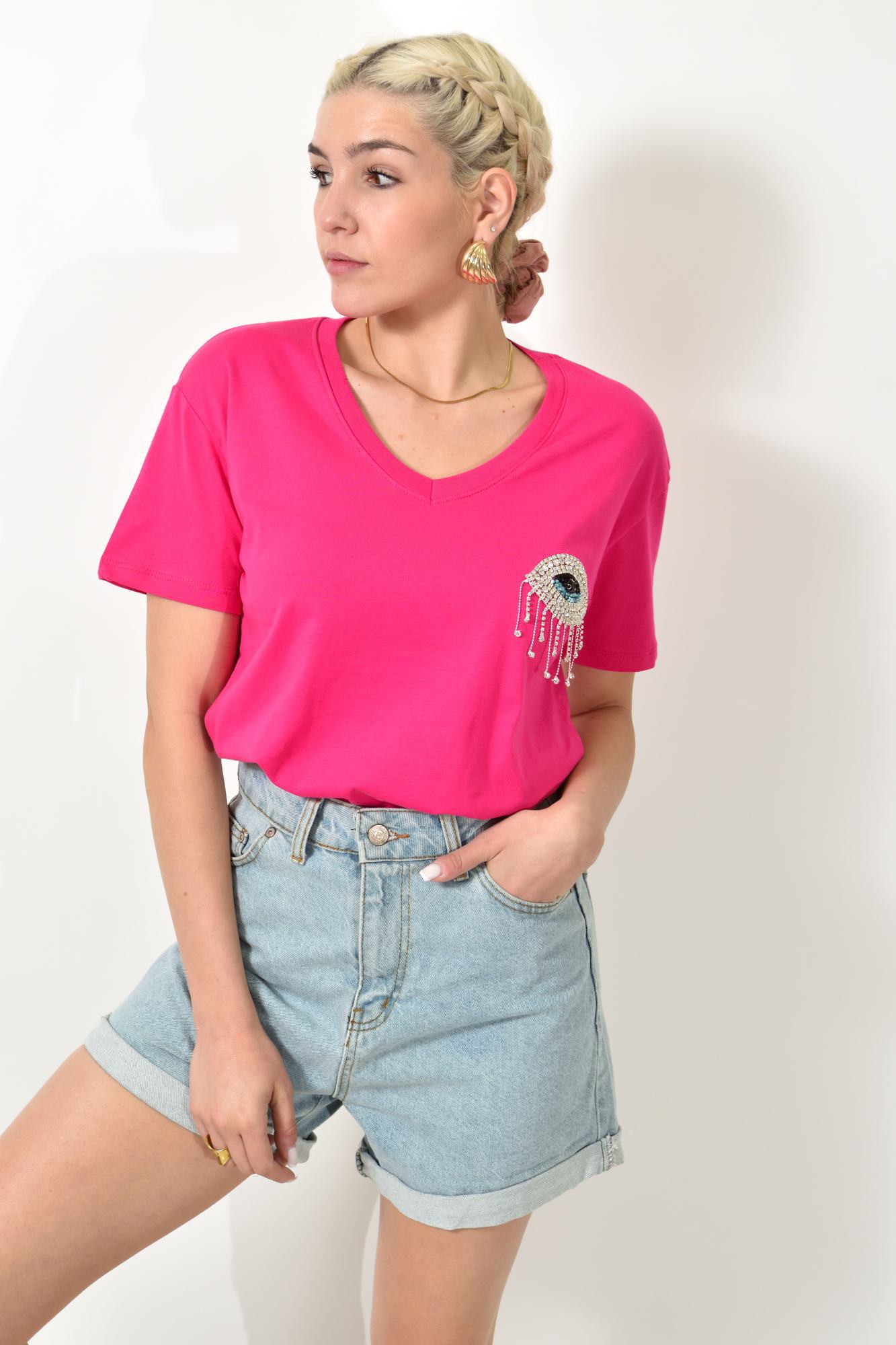 T-shirt με στρας & σχέδιο μάτι Φούξια 24158