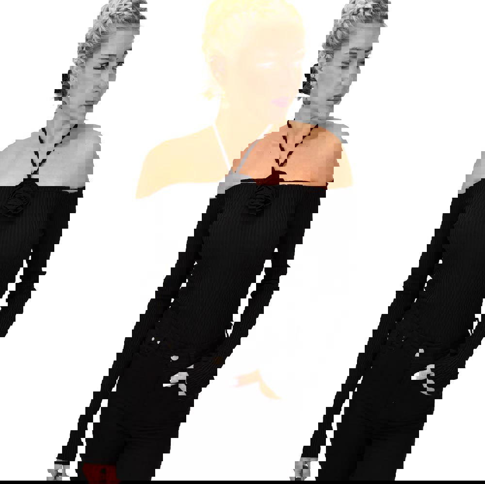 Γυναικείο πλεκτό τοπ με σχέδιο λουλούδι και χιαστί Μαύρο 22121