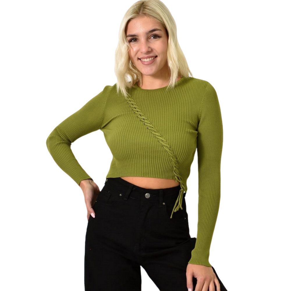 Γυναικείο πλεκτό crop top με σχέδιο πλεξουδάκι Λαδί 25803