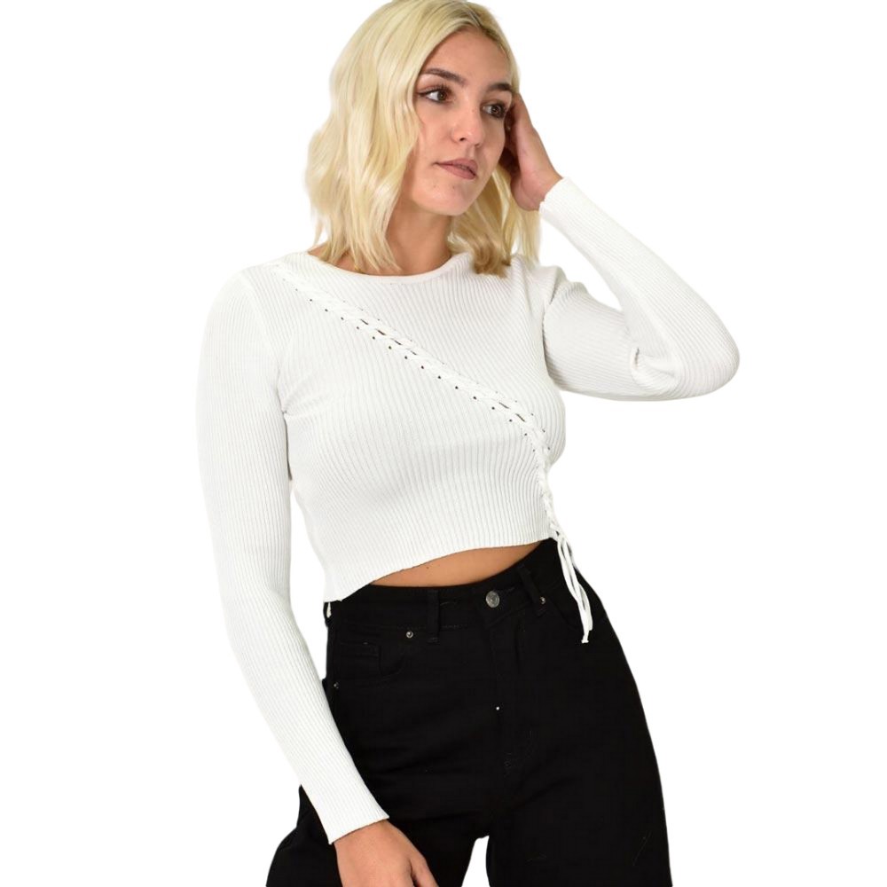 Γυναικείο πλεκτό crop top με σχέδιο πλεξουδάκι Εκρού 25805