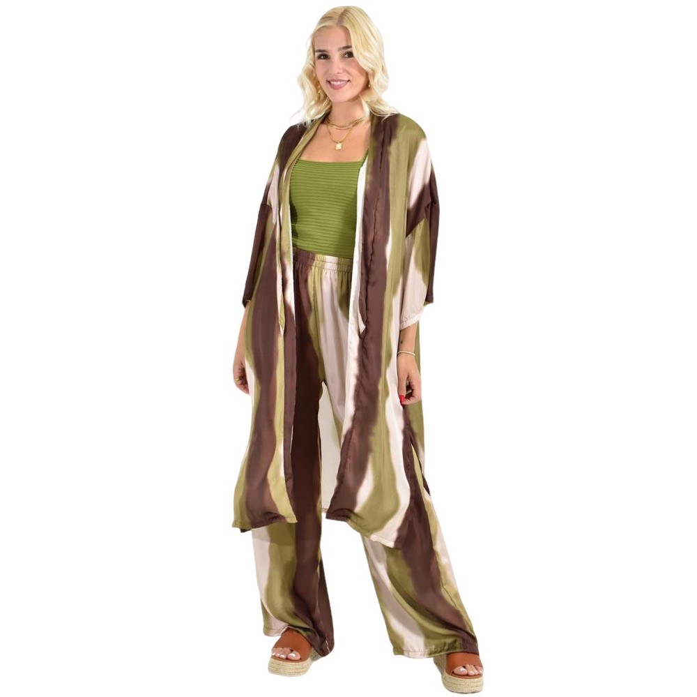 Σετ μακρύ κιμονό με παντελόνα Λαδί 26541