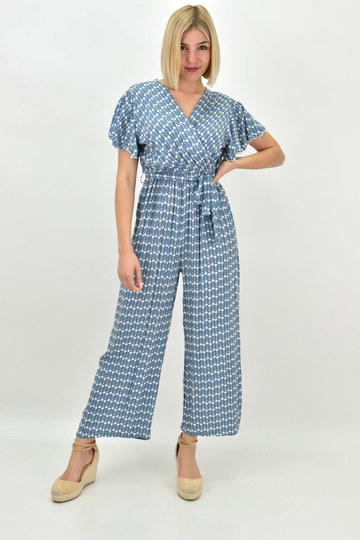  - Ολόσωμη φόρμα κρουαζέ με μοτίβο και βολάν σε μπλε