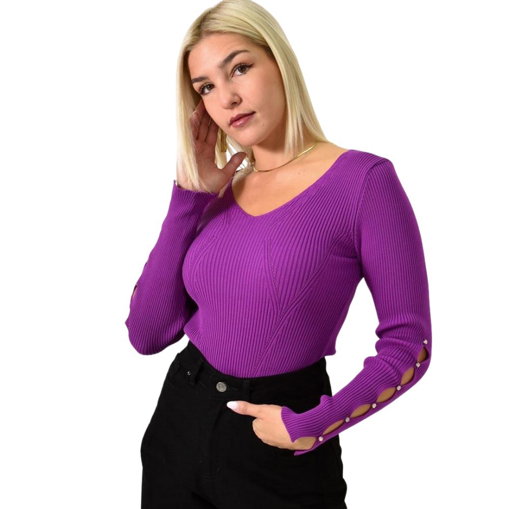 Γυναικείο πλεκτό τοπ με στρας στα μανίκια Ματζέντα 25839