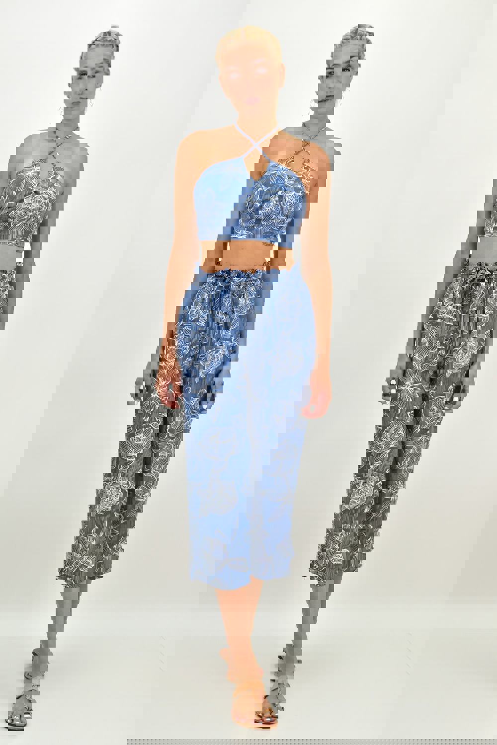 Γυναικείο σετ με top και ζιπ κιλότ φλοράλ Μπλε 21542 φωτογραφία