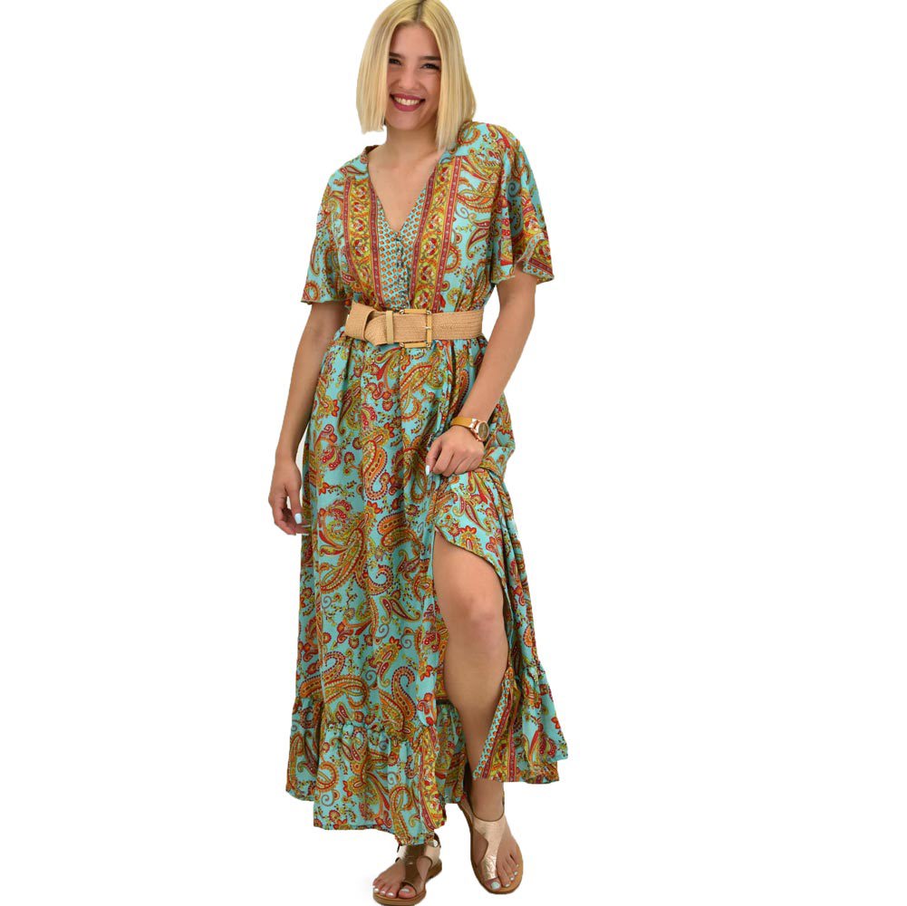 Γυναικείο μεταξωτό boho φόρεμα με κουμπιά χωρίς ζώνη Βεραμάν 20919