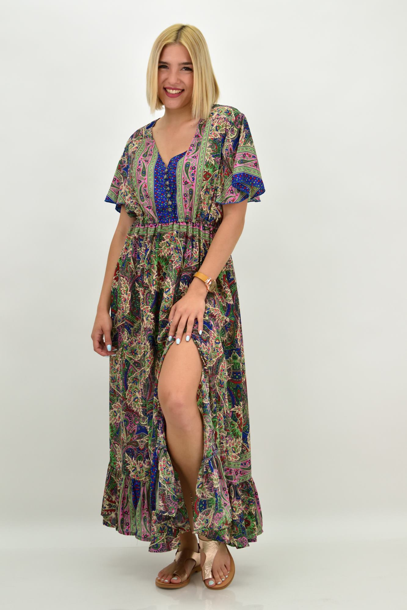 Γυναικείο μεταξωτό boho φόρεμα με κουμπιά χωρίς ζώνη Μπλε 20921