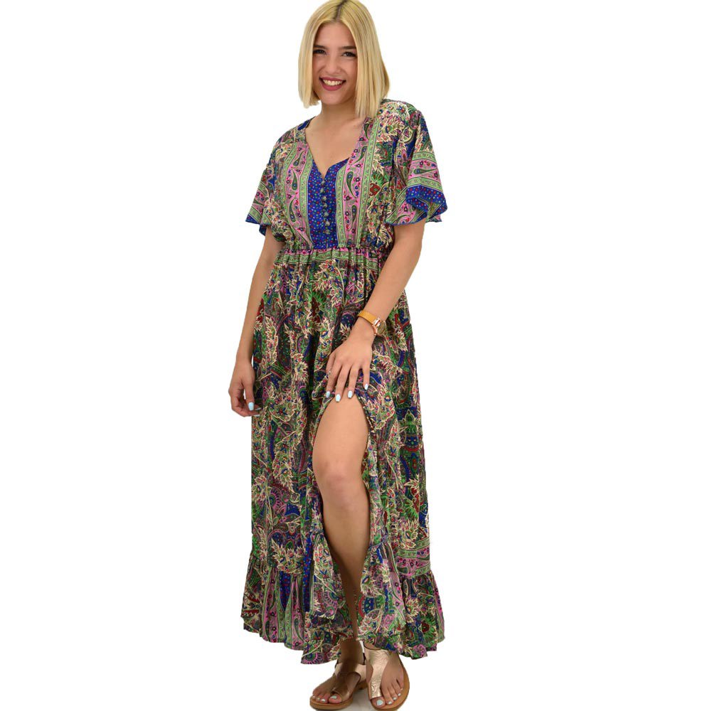 Γυναικείο μεταξωτό boho φόρεμα με κουμπιά χωρίς ζώνη Μπλε 20921