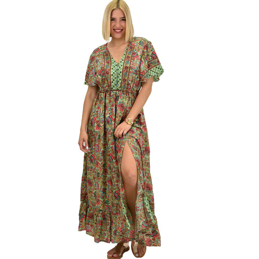 Γυναικείο μεταξωτό boho φόρεμα με κουμπιά χωρίς ζώνη Λαδί 20923