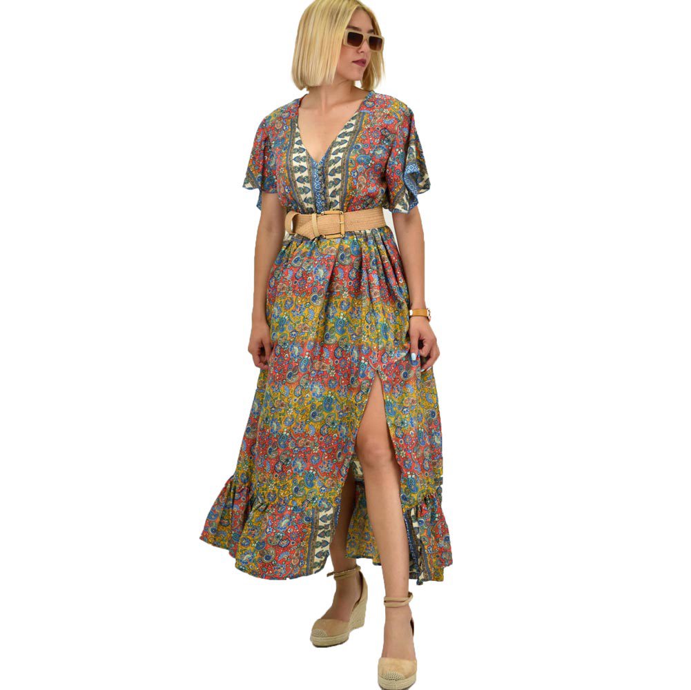 Γυναικείο μεταξωτό boho φόρεμα με κουμπιά χωρίς ζώνη Κόκκινο 20908