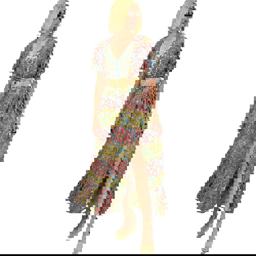 Γυναικείο μεταξωτό boho φόρεμα με κουμπιά χωρίς ζώνη Κόκκινο 20908