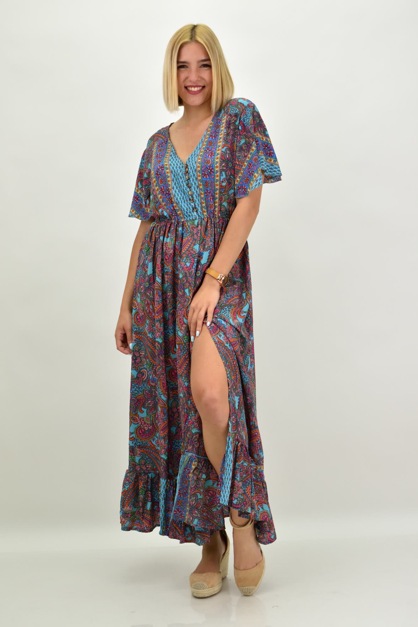 Γυναικείο μεταξωτό boho φόρεμα με κουμπιά χωρίς ζώνη Μπλε 20925