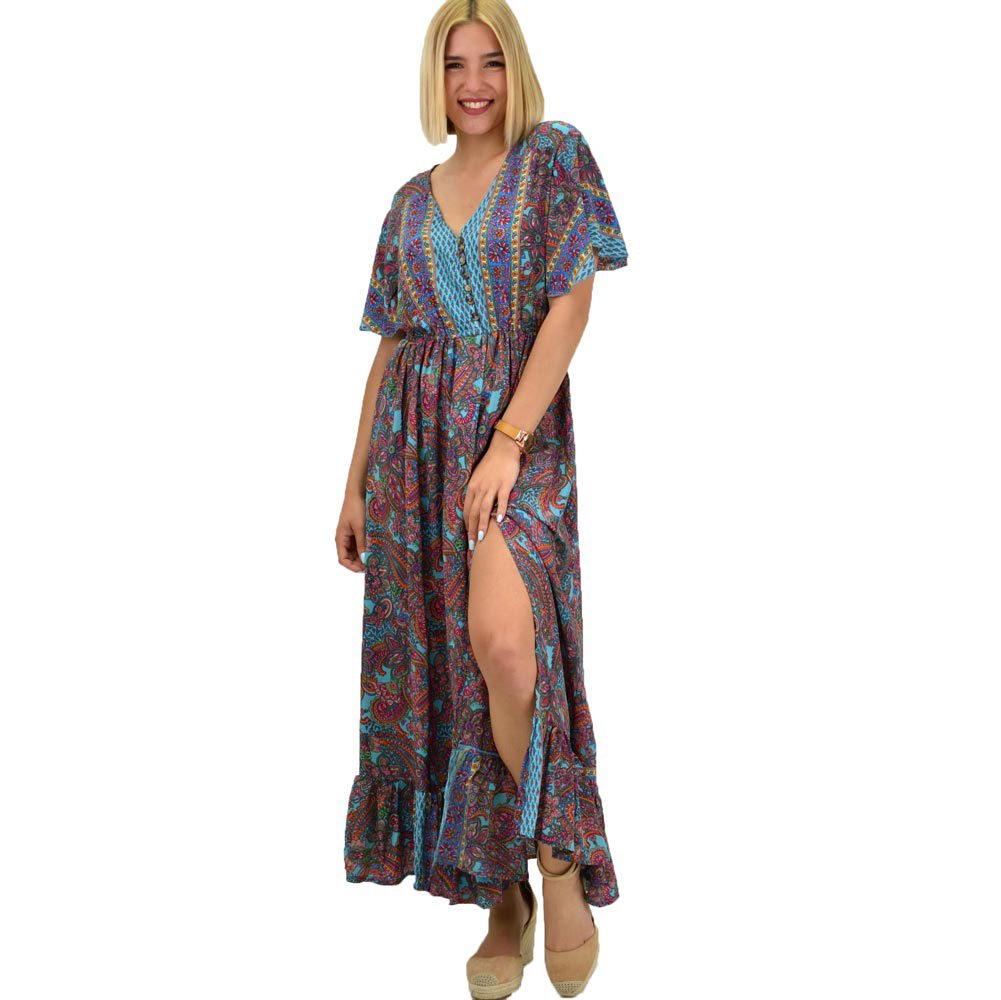 Γυναικείο μεταξωτό boho φόρεμα με κουμπιά χωρίς ζώνη Μπλε 20925