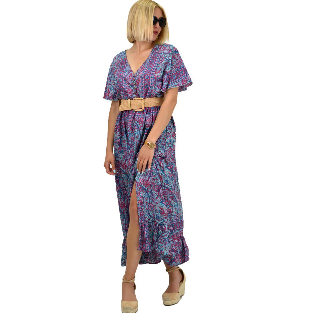 Γυναικείο μεταξωτό boho φόρεμα με κουμπιά χωρίς ζώνη Μπλε 20911