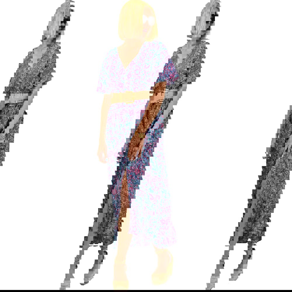 Γυναικείο μεταξωτό boho φόρεμα με κουμπιά χωρίς ζώνη Μπλε 20911