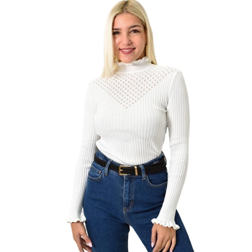 Πλεκτό τοπ με ψηλό γιακά και διακριτικό σχέδιο Λευκό 25848