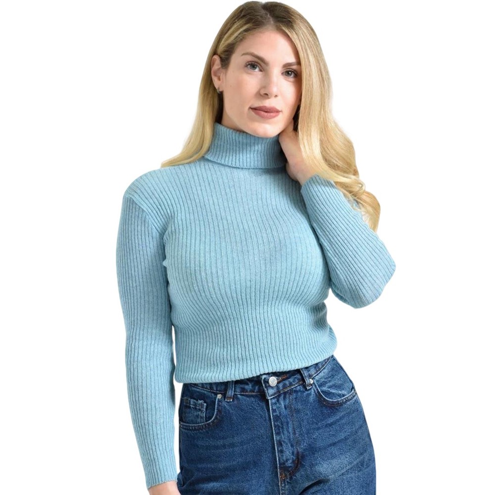 Πουλόβερ πλεκτό ριμπ με ζιβάγκο Γαλάζιο 27166