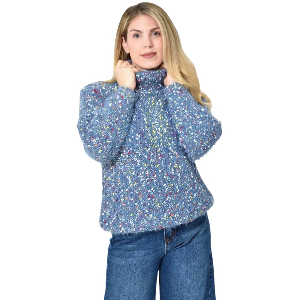 Πλεκτή αφράτη πουλόβερ με ζιβάγκο με πολύχρωμες νηματιές Μπλε Σκούρο 27177