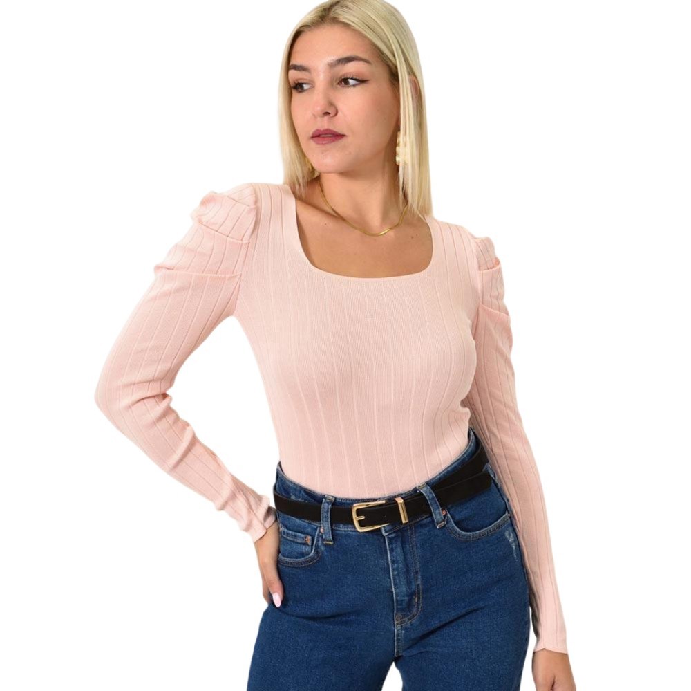 Γυναικείο τοπ με φουσκωτά μανίκια Απαλό Ροζ 25856