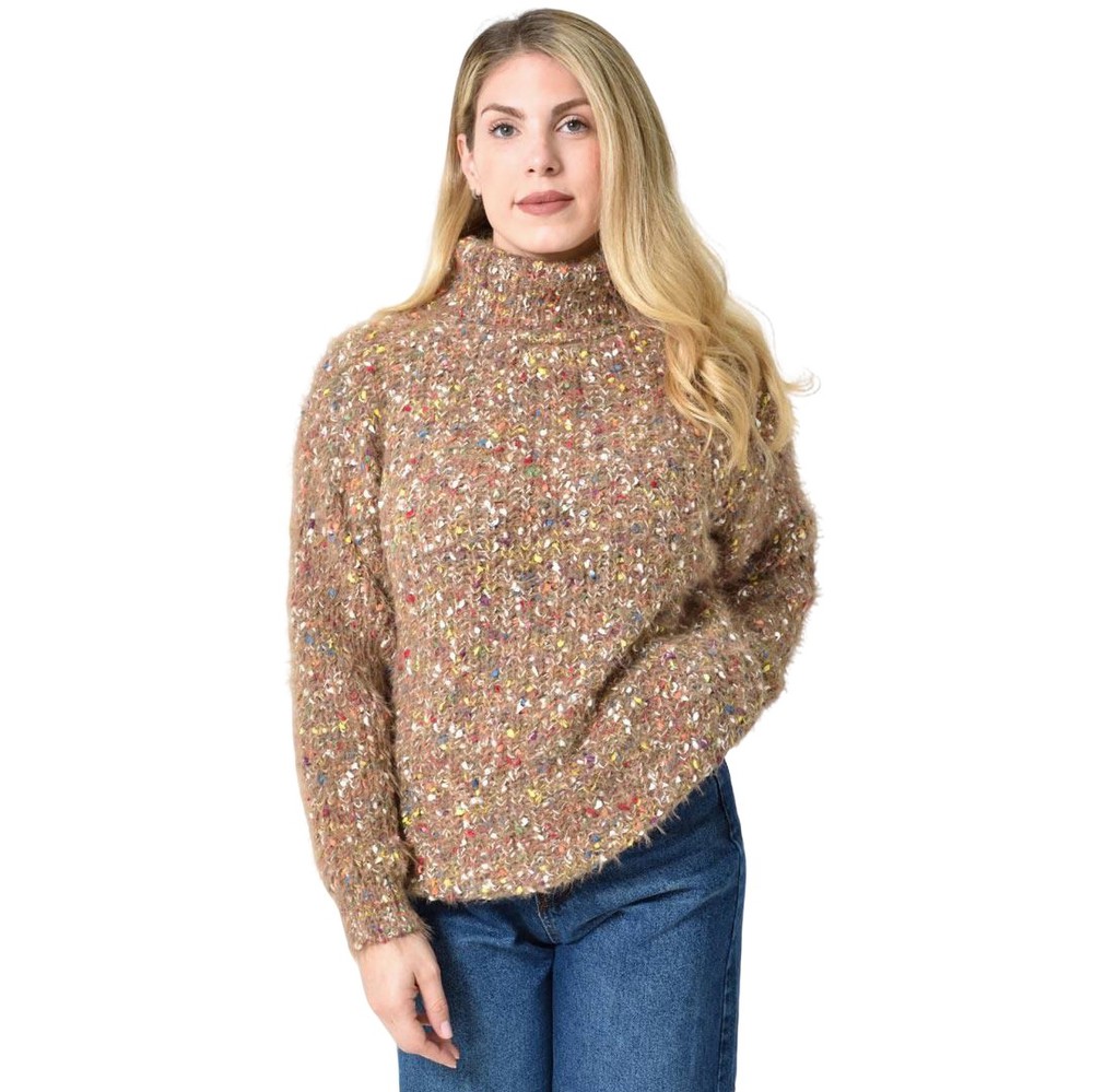 Πλεκτή αφράτη πουλόβερ με ζιβάγκο με πολύχρωμες νηματιές Πούρο 27185