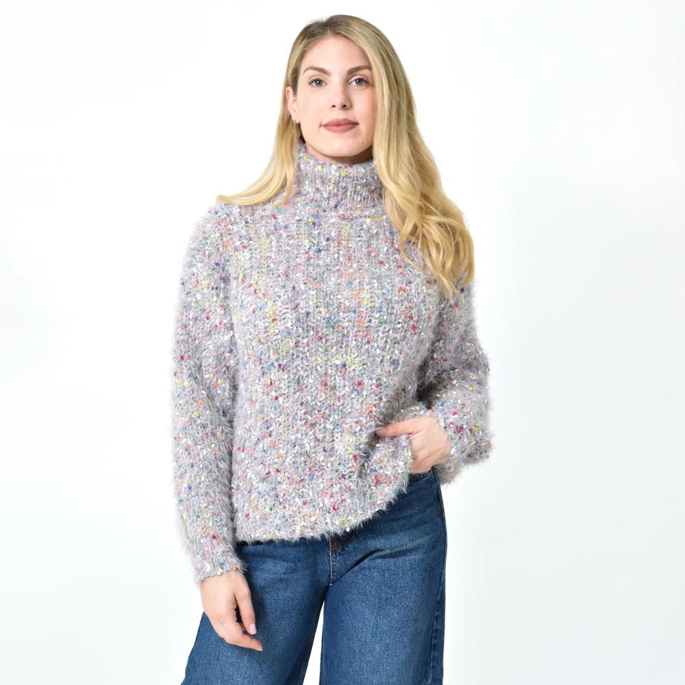 Πλεκτή αφράτη πουλόβερ με ζιβάγκο με πολύχρωμες νηματιές Γκρι 27181