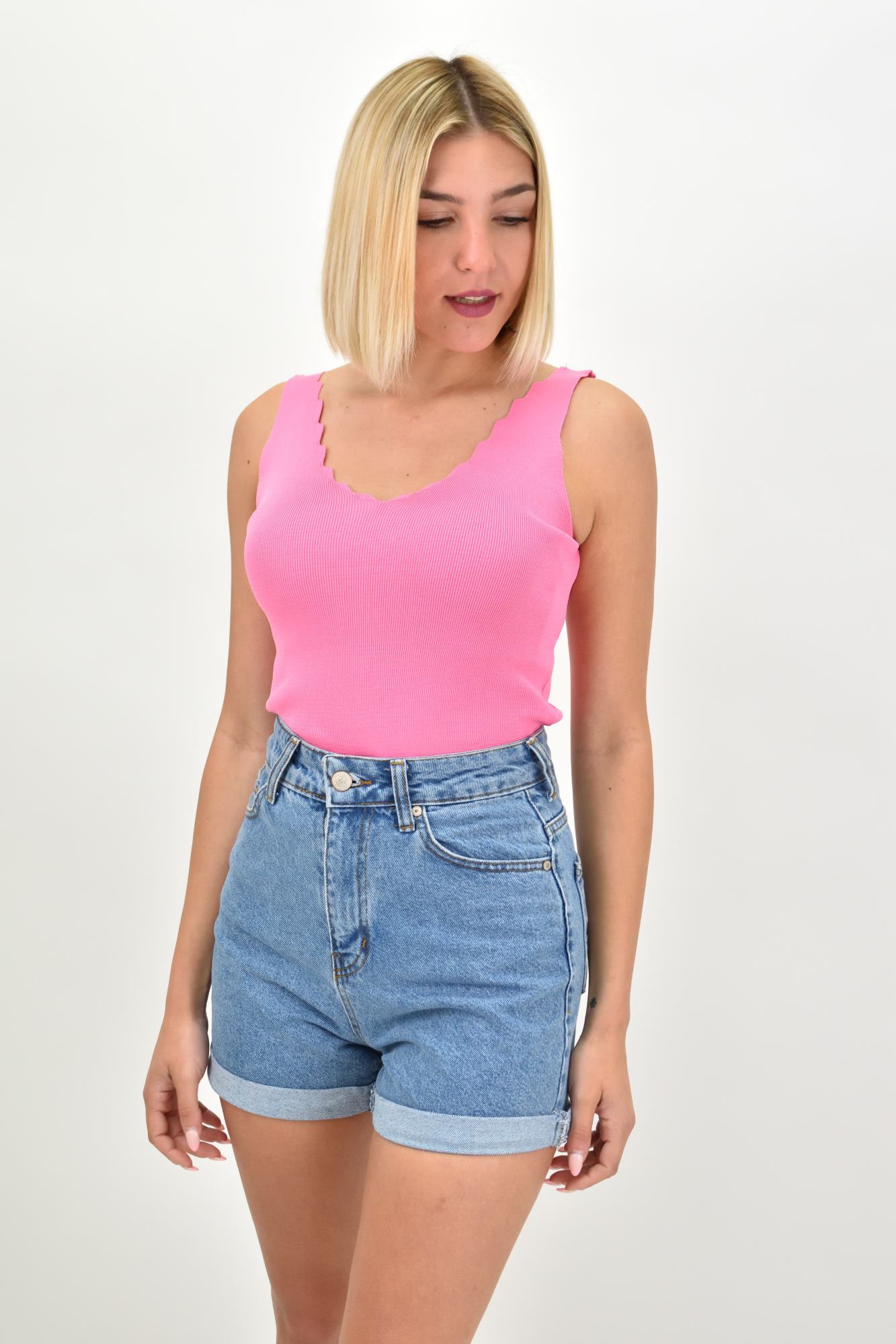 Γυναικείο Ριπ Τοπ με V-Neck κυματιστό ντεκολτέ Ροζ 19705