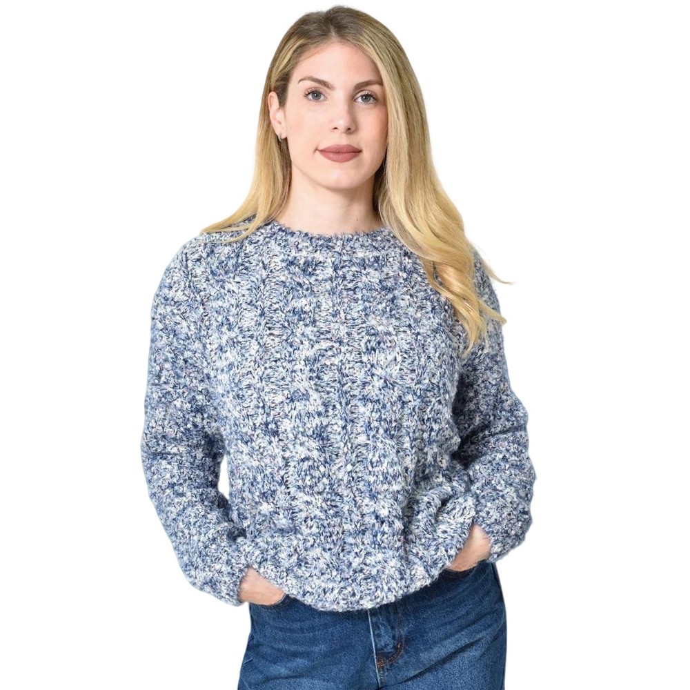 Πλεκτή αφράτη πουλόβερ με πολύχρωμες νηματιές Μπλε Σκούρο 27202