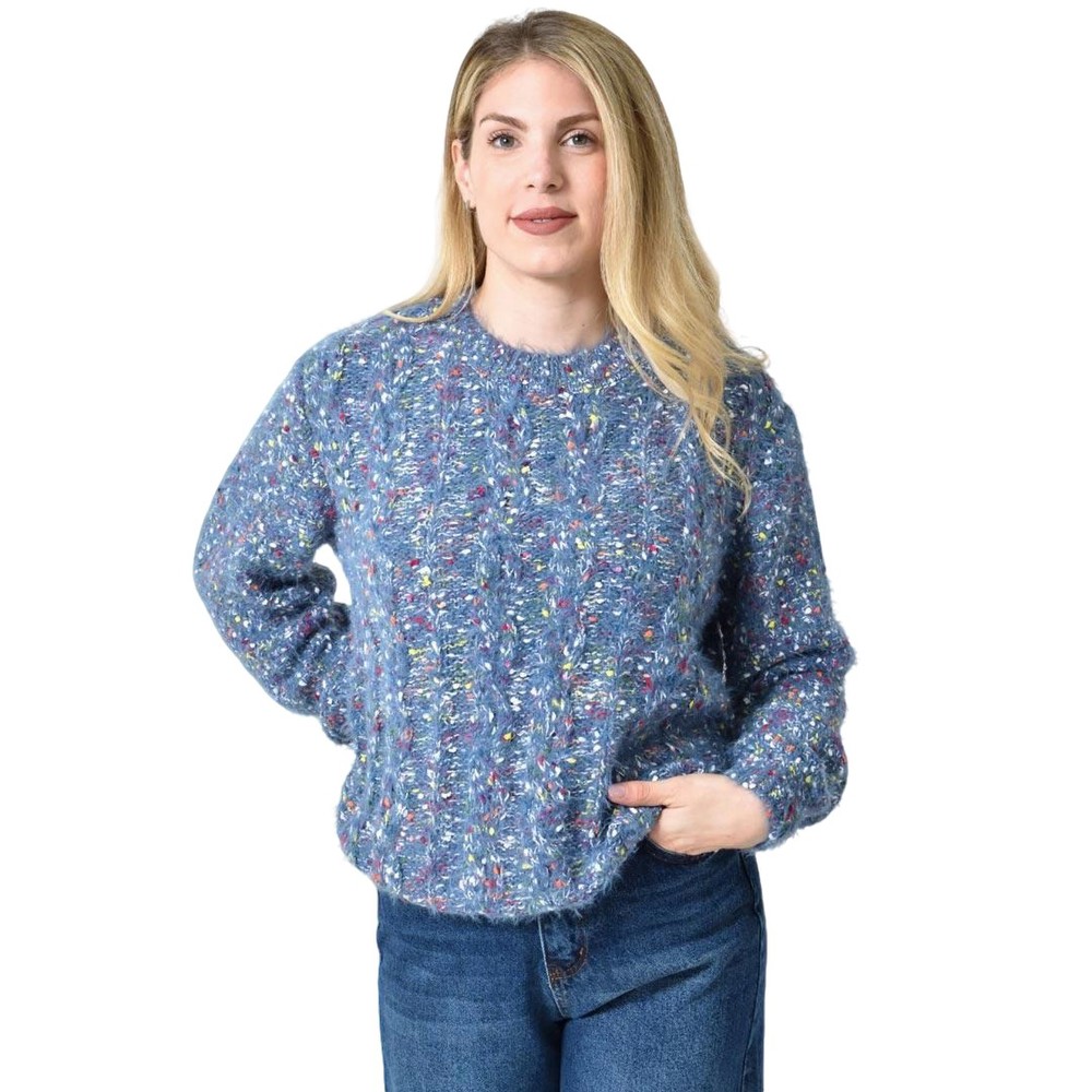 Πλεκτή Αφράτη Πουλόβερ Με Πολύχρωμες Νηματιές Μπλε Σκούρο 27170