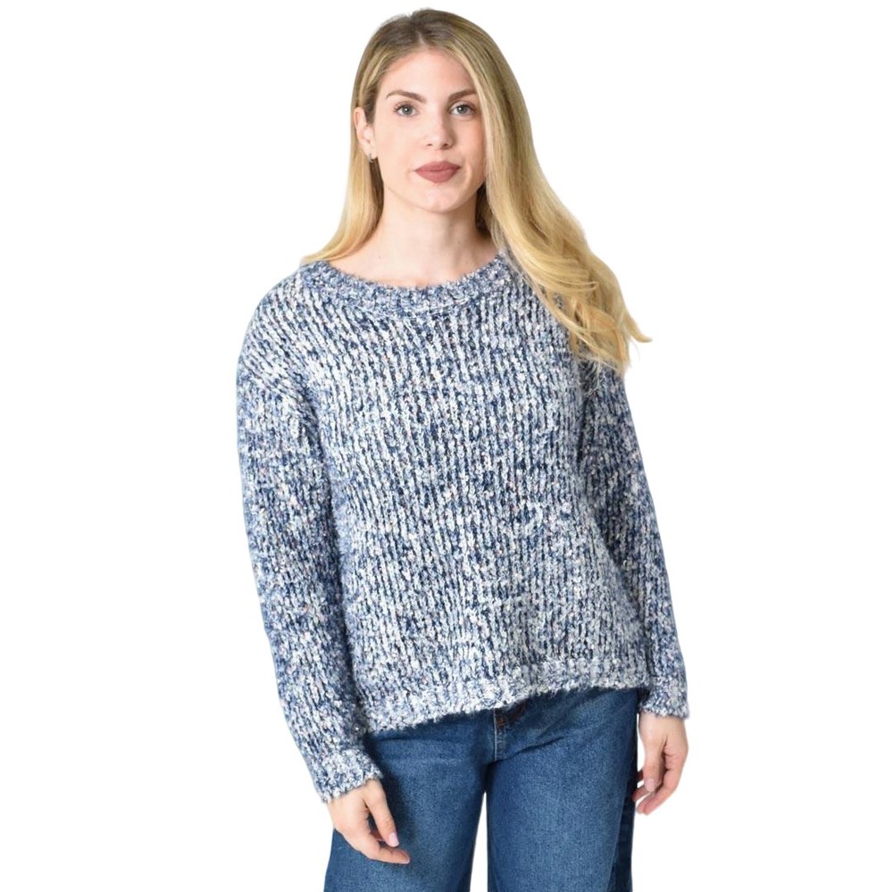 Πλεκτή αφράτη πουλόβερ με πολύχρωμες νηματιές Μπλε Σκούρο 27187