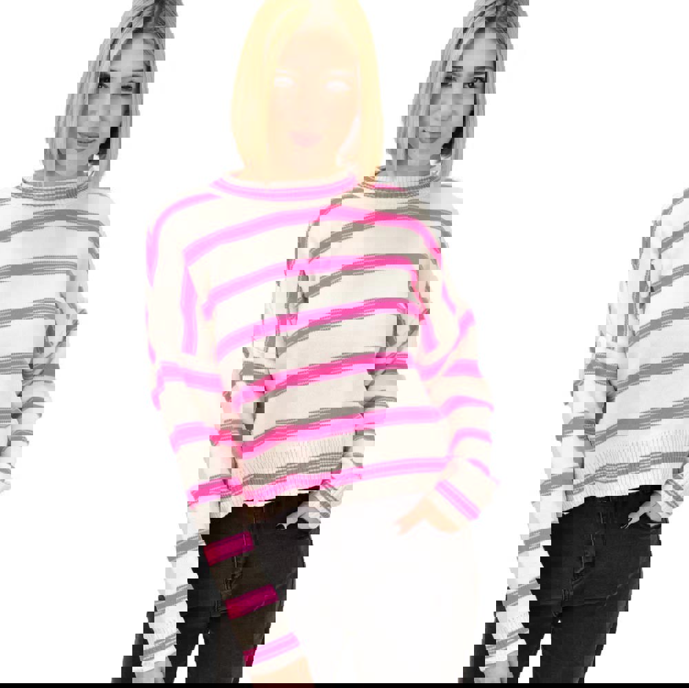 Γυναικεία μπλούζα πλεκτή ριγέ Ροζ 18690