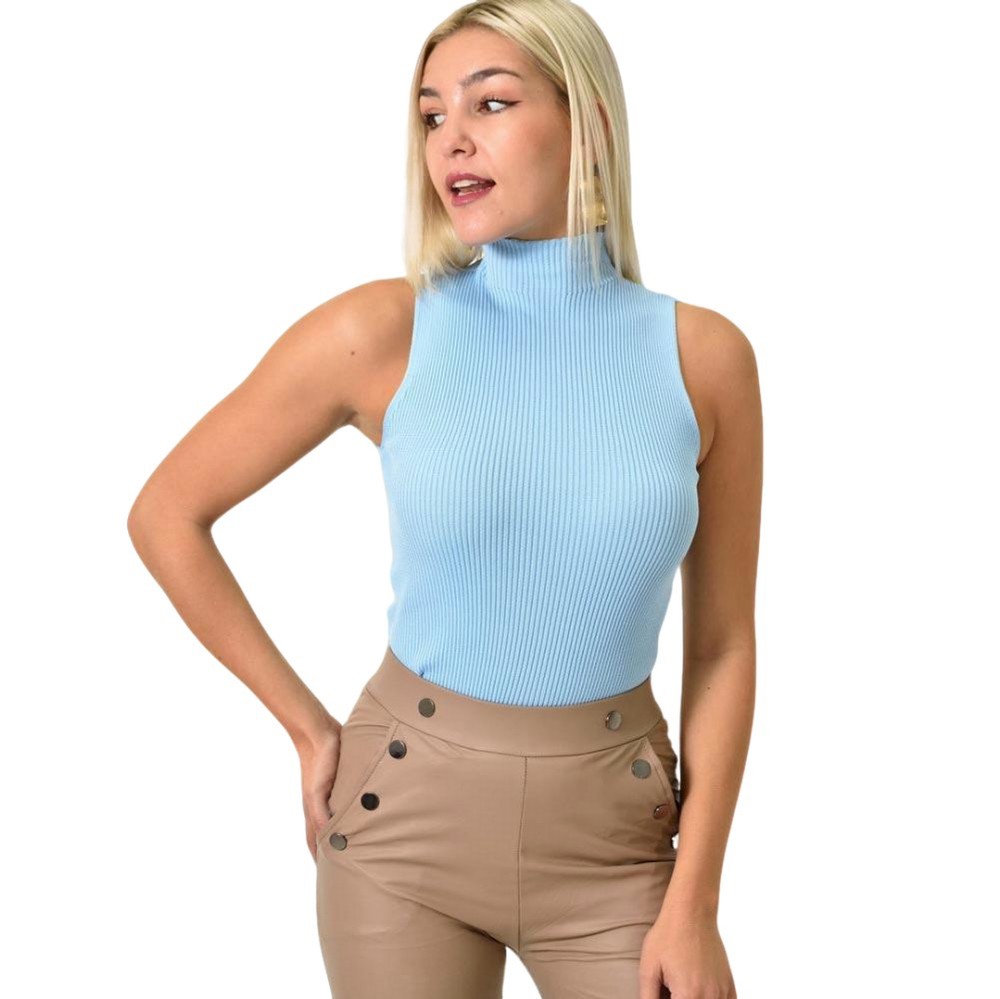Γυναικείο ριπ τοπ με όρθιο γιακά αμάνικο Γαλάζιο 25862
