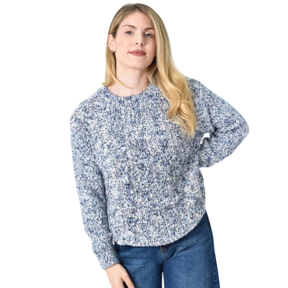 Πλεκτή αφράτη πουλόβερ με πολύχρωμες νηματιές Μπλε Σκούρο 27196