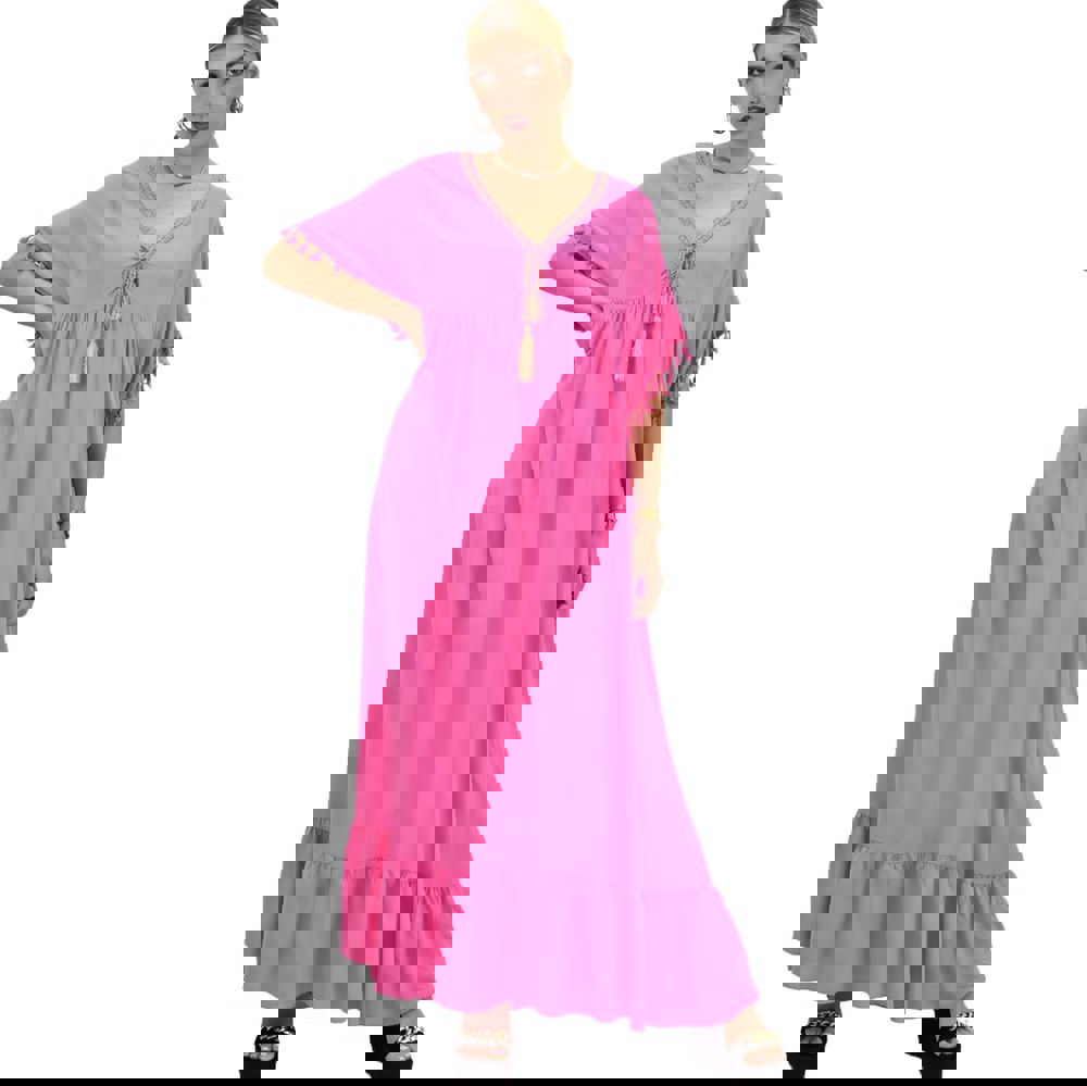 Γυναικείο καφτάνι με κρόσια στα μανίκια Ροζ 20424