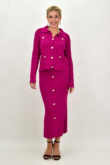  - Μονόχρωμο γυναικείο πλεκτό σετ με ζακέτα και μίντι φούστα, φούξια