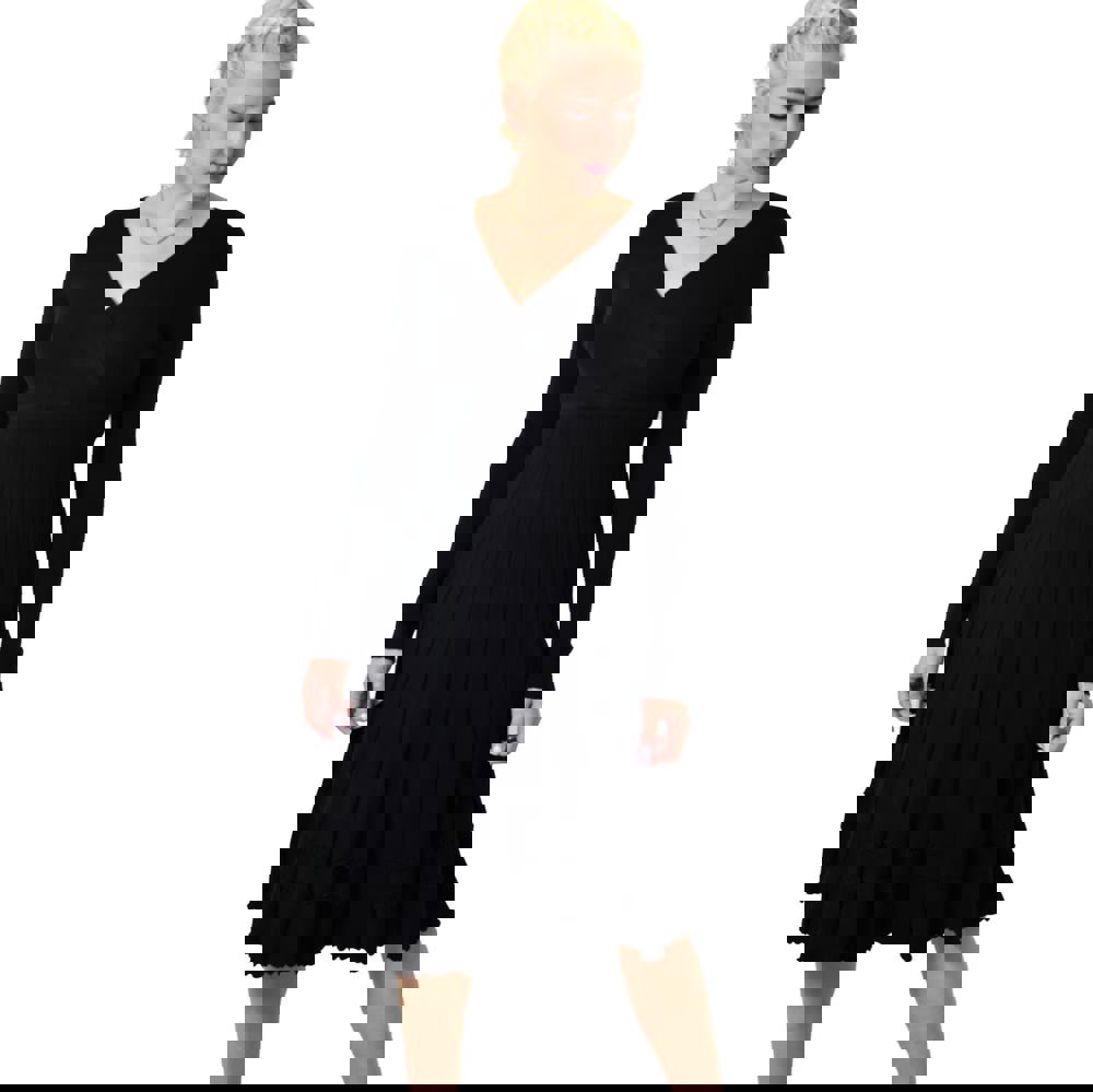 Γυναικείο πλεκτό φόρεμα κρουαζέ midi Μαύρο 22538